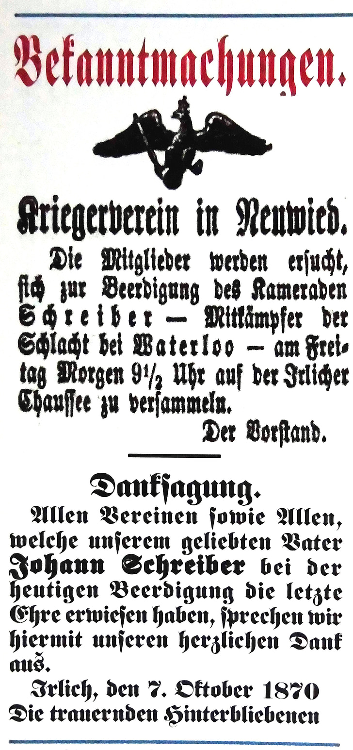anuncis de diaris, fora, la, Rheinland, a, 1870, antiga han escrit