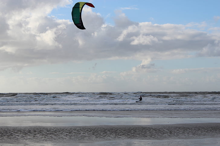 kite surf, north sea, beach, kite, water sports, wind, surfer