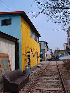 vasúti, falfestmény, sárga, épület, a régi úton