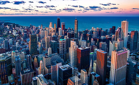 シカゴ, イリノイ州, ミシガン湖, 水, 超高層ビル, 都市, 建物