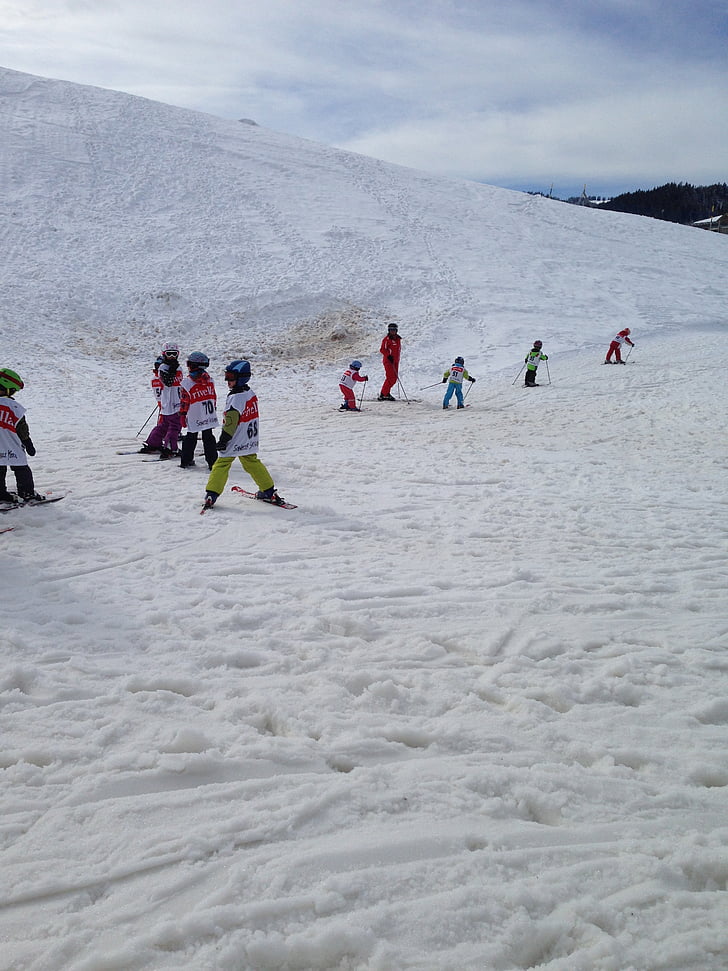 skiløb, børn, landingsbane, sneklædte, begynder kursus, natur, vintersport