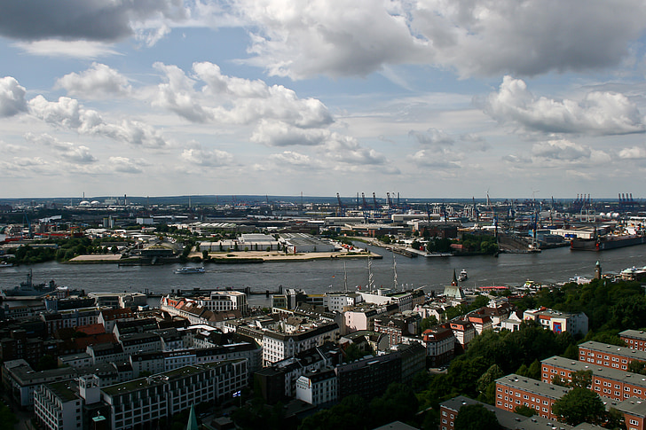 Гамбург, Порт, Эльба, Германия, Landungsbrücken, портовые краны, корабли
