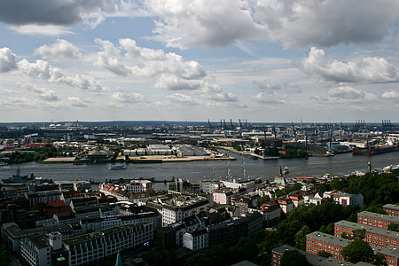 Hamburg, hamn, Elbe, Tyskland, Landungsbrücken, hamnkranar, fartyg