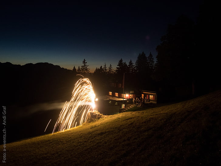 fogos de artifício, cabana, Suíça, dia nacional, Alp, à noite, Festival
