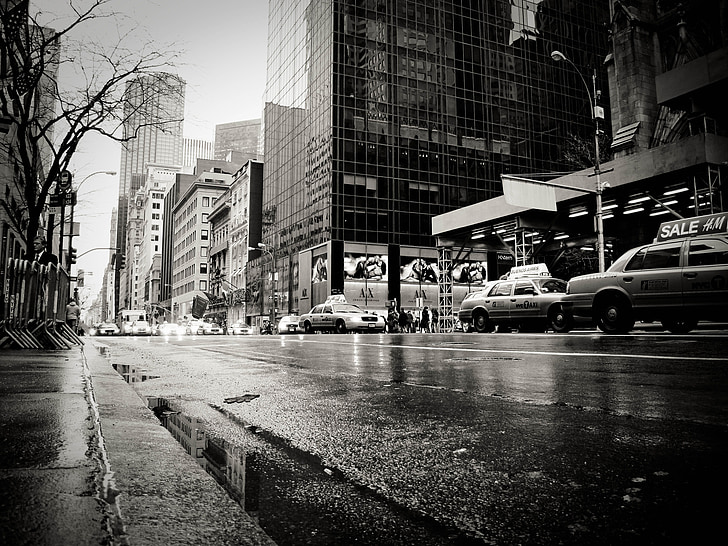 Νέα Υόρκη, βροχή, ταξί, μαύρο και άσπρο, Οδός, αστικό τοπίο, Νέα Υόρκη