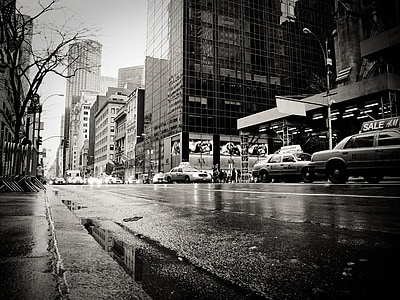 Nova Iorque, chuva, táxi, preto e branco, rua, cena urbana, cidade de Nova york