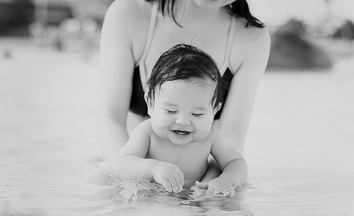 Baby, bazén, zábava, vody, letné, šťastný, rodina