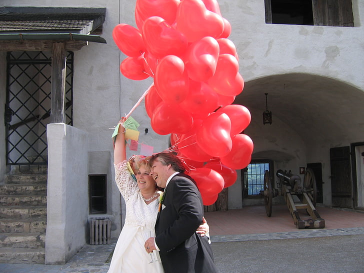 balão, noiva e noivo, casamento, casamento casar, Castelo, celebração, mulher