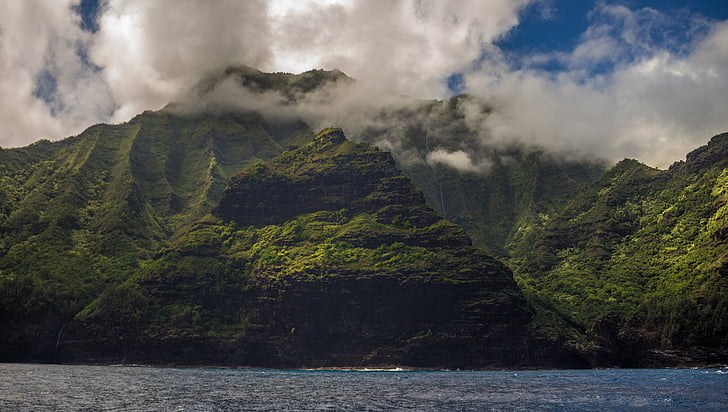 Hawaii, stranden, dagsljus, dimma, ön, sjön, landskap