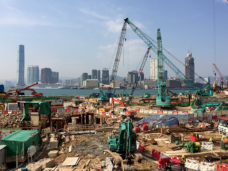 Hongkong, rakennustyömaalla, arkkitehtuuri, nosturi, kehitys, rakentaminen, Harbour