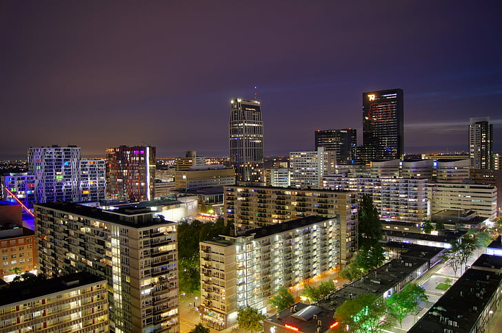 Rotterdam, paisagem urbana, à noite, longa exposição, edifícios, arquitetura, céu
