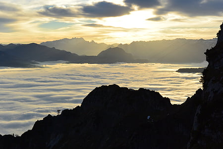 salzburg, austria, unterberg, fog, clouds, alpine, sunrise