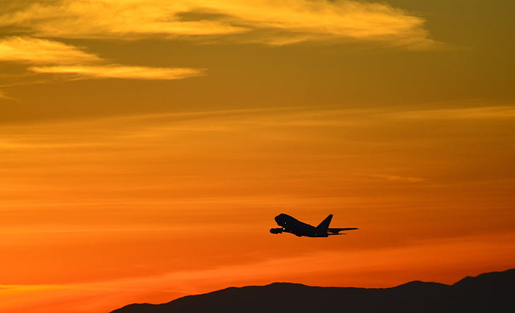 sunset, airplane, silhouette, flying, plane, jet, b747