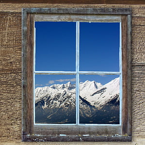 window, old, hut, kahl, mountains, winter, landscape