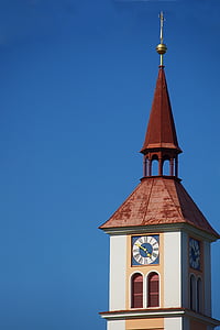 steeple, clock tower, church clock, spire, tower, blue, church