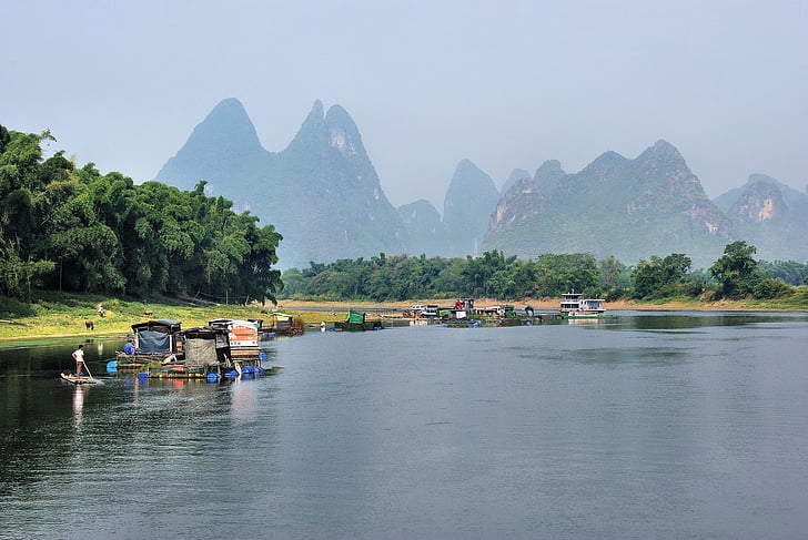 Kina, Li River, rade, flottar, landskap