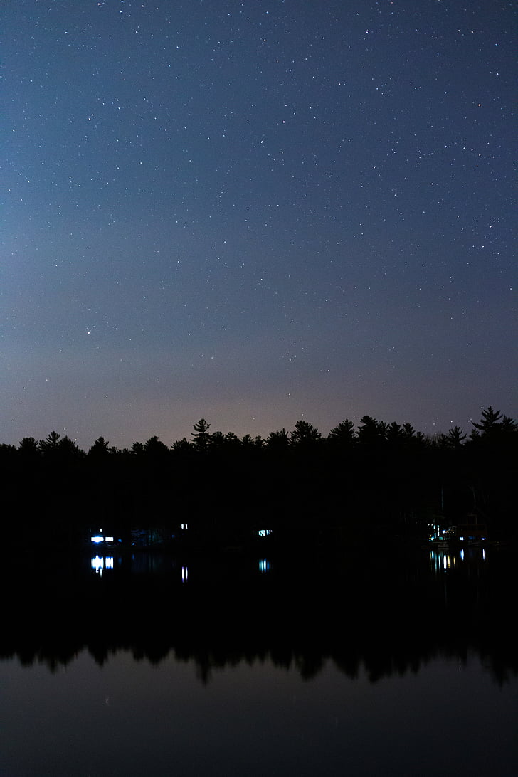 Lago, luces, naturaleza, noche, reflexión, Río, silueta
