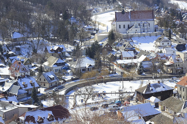 Kazimierz dolny, linna panoraam, City, Vaade, arhitektuur, hoonete, talvel