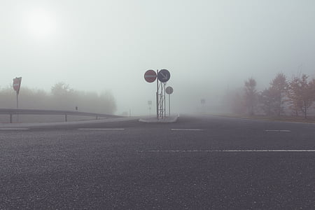 brouillard, route, autoroute, goudron, centrale de réservation, paysage, trafic