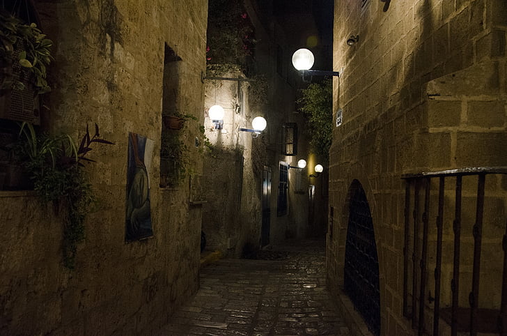 Jaffo, nit, Israel, arquitectura, carrer, fosc, carreró