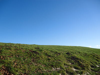 hill, top, grass, summit, sky, blue, green
