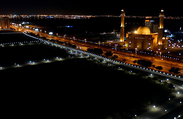 Bahrain, stora moskén, tro, religion, byggnader, arkitektur, lampor