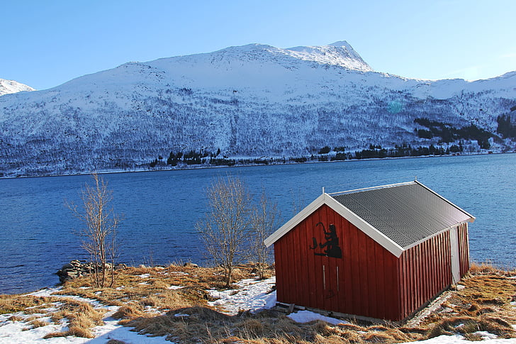 maisema, Kaunis, taivas, Sea, Fjord, lumi, Mountain