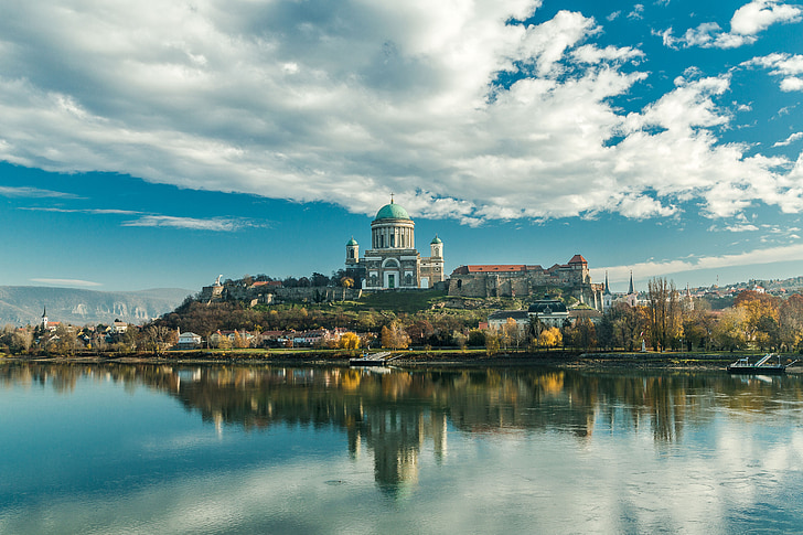Esztergom, Basilica, kyrkan, Mountain, slott, reflektion, Donau