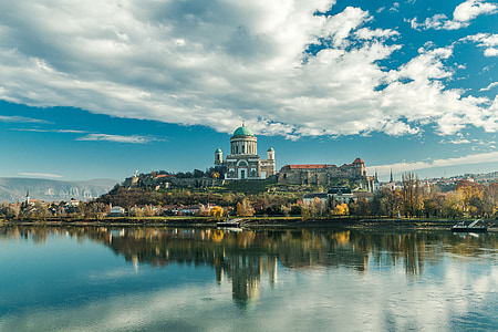 Esztergom, basilikaen, kirke, fjell, slottet, refleksjon, Donau