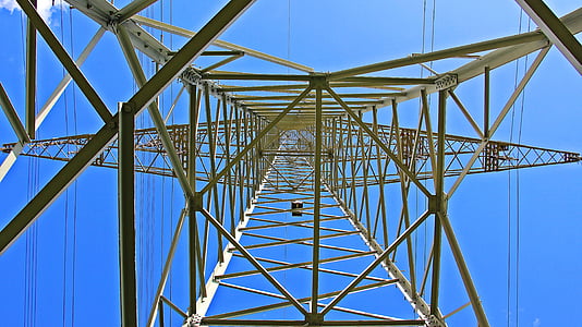 lines, low angle shot, perspective, power lines, power supply, steel, wires