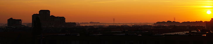 byen, daggry, skumring, Panorama, forurensning, silhuett, himmelen