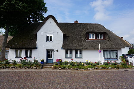 Friesland, Föhr, halmtak, arkitektur, Friesenhaus, norra Tyskland