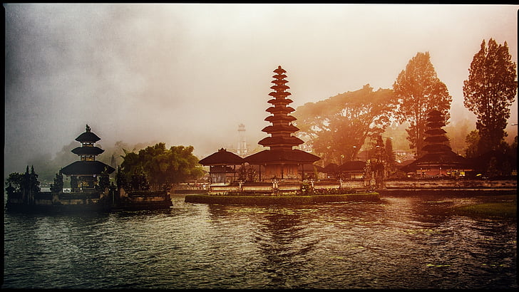 templom, Bali, tó, köd, utazás, Indonézia