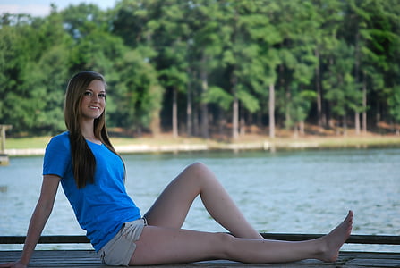girl, sitting, happy, pretty, dock, water, lake