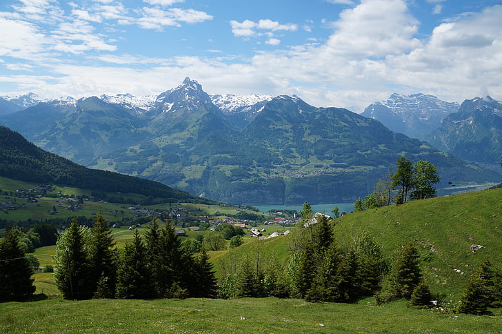 Amden, panorama, Walensee, Lago, Alpine, montaña, naturaleza