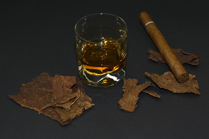 cigar, tobacco leaves, whiskey glass, whisky, drink, alcohol, brandy