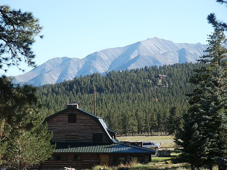 montanhas, Colorado, celeiro, rústico, árvores, céu, natureza
