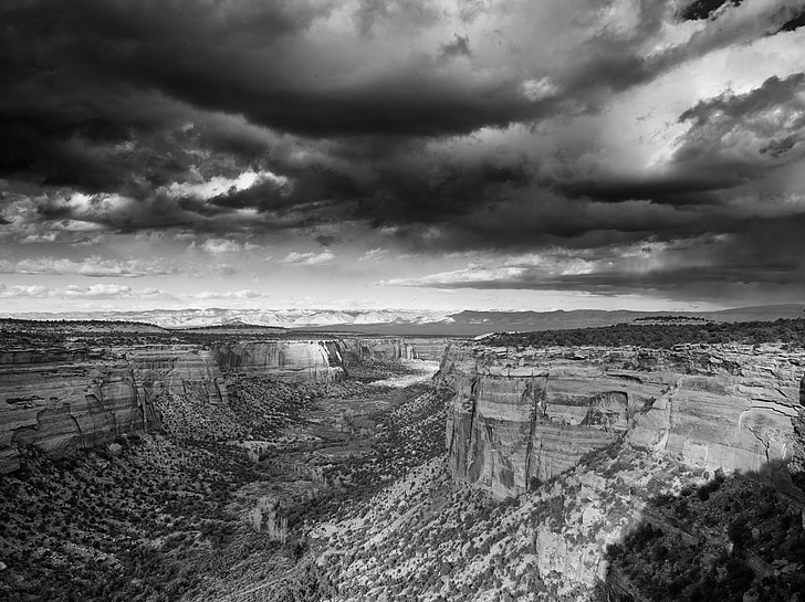 colorado national monument, plateaus, landscape, sky, clouds, black and white, valley