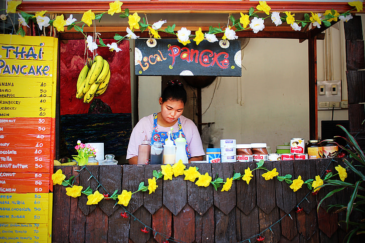 pancake, sales stand, eat, food, shop assistant, sell