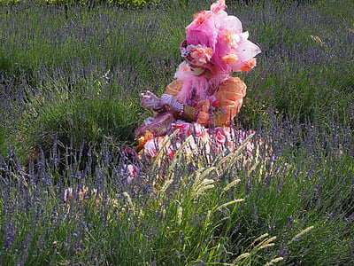 жена, костюм, лавандулово поле, прическа, панел, цветни, природата