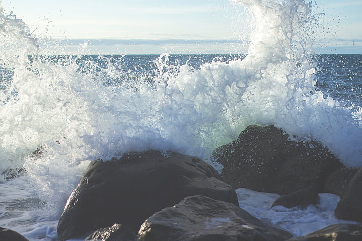 purslų, banga, purškimo, pakrantė, kranto, akmenys, akmenų