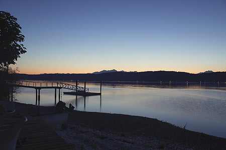 solnedgang, skumring, Lake, vann, Dock, natur, landskapet