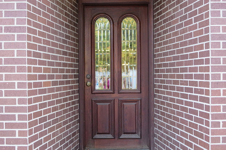 porta de madeira, tijolos, porta forma, entrada, arquitetura, porta janela