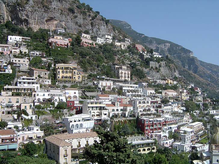 Itālija, Positano, mājas, krasts, Amalfi coast, klints, krāsains