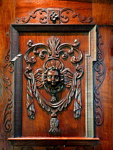 Ornament, skříň, vyřezávané, dřevo, vzor, obličej, dřevo - materiál