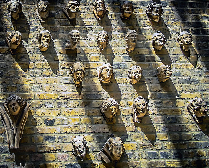 faces, wall, light, shadow, portrait, expression, modern