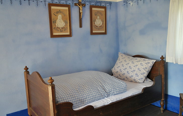 łóżko, antyk, snu, Nostalgia, niebieski, biały, Pokój dziecka