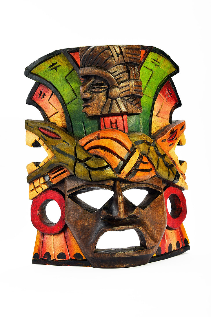 masque, en bois, isolé, sculpté, peint, souvenir, Tribal