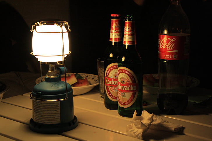 光, ビール, トーチ, ガスライト, 今晩, キャンプ