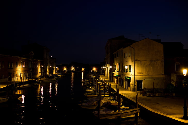 Murano, światło, noc, kanał, W nocy, budynek